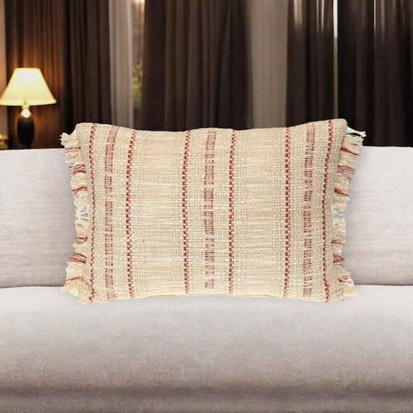 HomeRoots Beige, Pink Striped Polyester 14 in. x 20 in. Throw Pillow