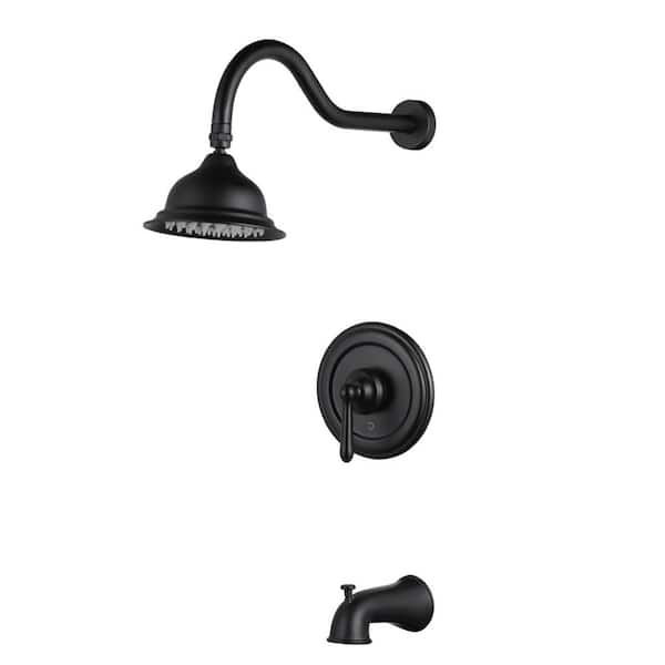 Single Handle 1-Spray Tub and Shower Faucet 1.8 GPM with Brass Rough-in Valve Included 16 in. Shower ARM in Matte Black