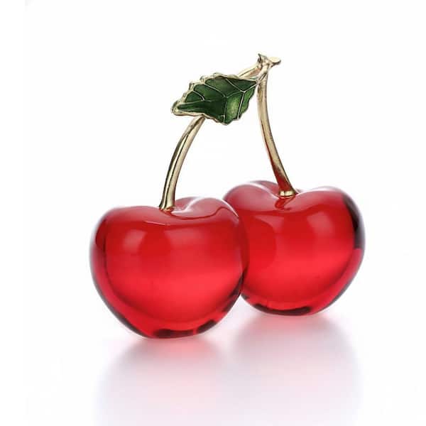 3 in. x 3.4 in. Crystal Cherry Figurine - Sparkly Glass Fruit Collectible Tabletop Decor Paperweight for Home and Office