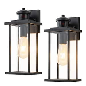 12in. Motion Sensing Dusk to Dawn Matte Black Outdoor Hardwired Wall Lantern Sconce with No Bulbs Included