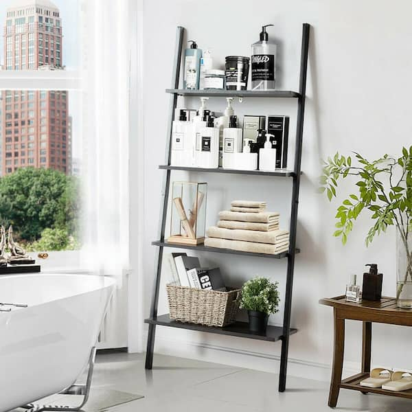 Ktaxon 4 Tier Metal Leaning Ladder Shelf Bookcase Bookshelf Storage Shelves  Unit Black