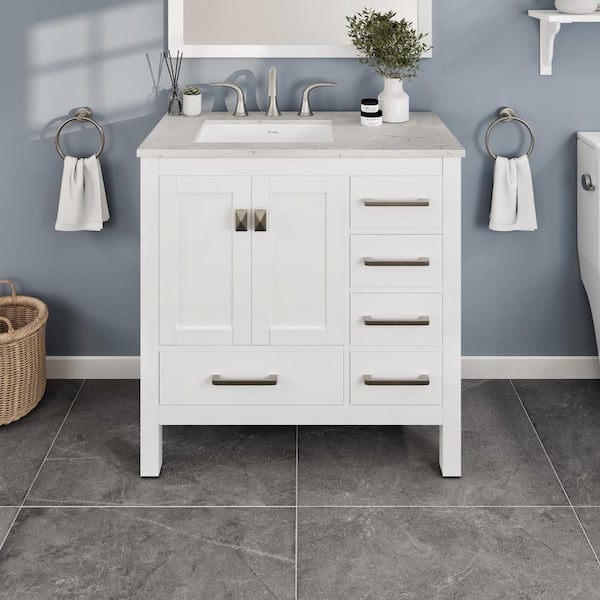 Aberdeen 36 in. Single Sink White Bath Vanity with White Carrara Quartz Top (Assembled)
