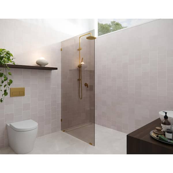 Ursa 36 in. W x 78 in. H Single Fixed Panel Frameless Shower Door in Satin Brass without Handle
