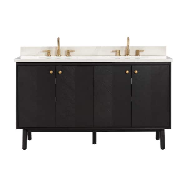Adele 61 in. Double Sink Black Oak Bath Vanity with Calacatta White Quartz Top