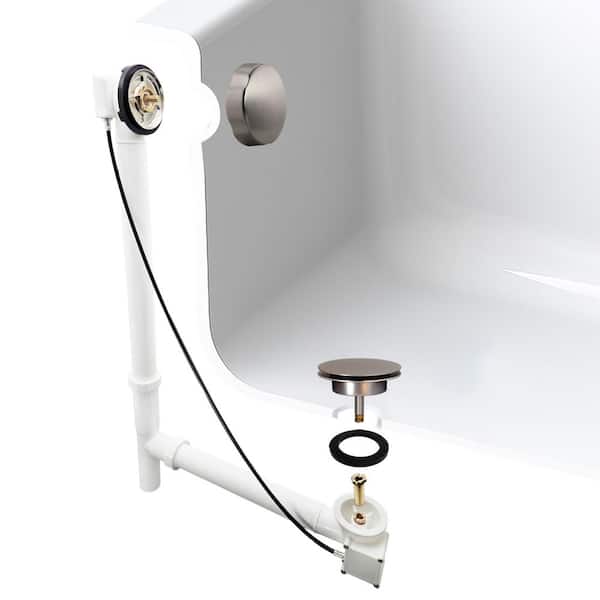 27 in. Cable Drive Bath Drain Assembly with Rotary Overflow Cover, Pop-Up Stopper - White Poly, Stainless Steel