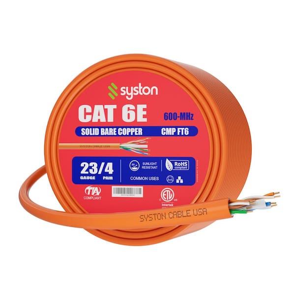 Syston Cable Technology 100 ft. Orange CMP Cat6e 600 MHz 23 AWG Solid Bare Copper Ethernet Network Data Cable - Bulk No Ends Heat Resistant
