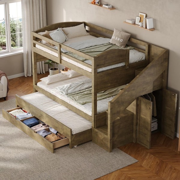 Harper & Bright Designs Walnut Brown Twin XL Bunk Bed with Trundle and ...