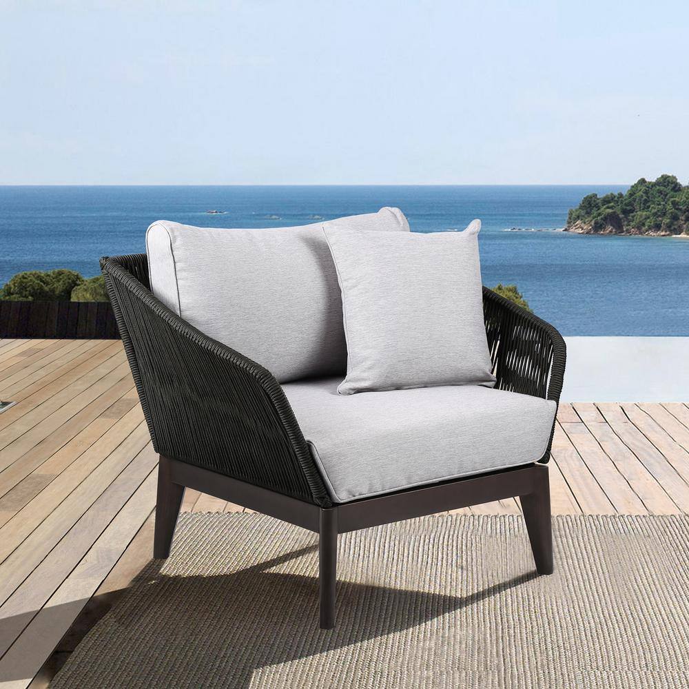 Athos Dark Eucalyptus and Charcoal Rope Outdoor Lounge Chair with Gray Cushions