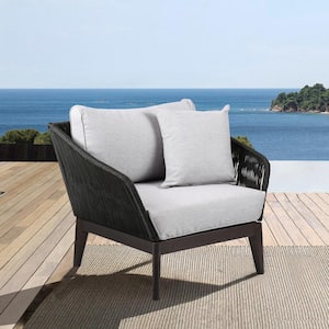 Athos Cushioned Eucalyptus Wood Indoor Outdoor Club Chair in Dark with Latte Rope and Grey Cushions