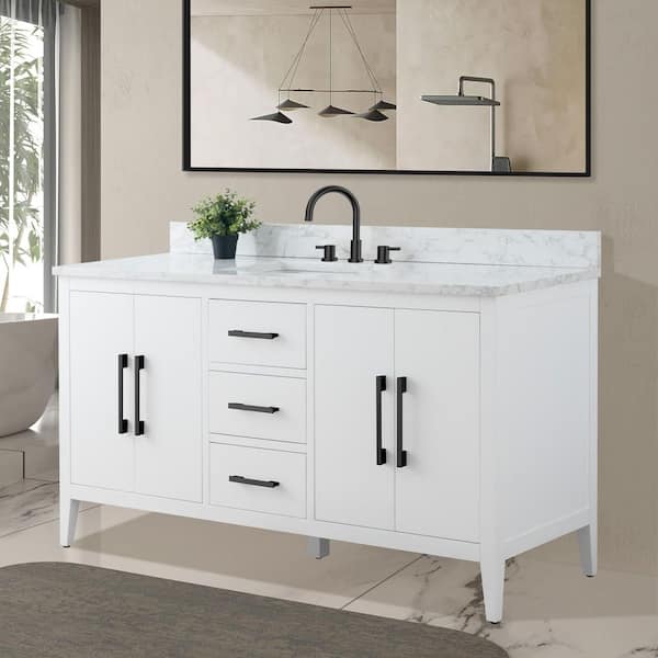 60 in. W x 22 in. D x 34 in. H Single Sink Bathroom Vanity Cabinet in White with Engineered Marble Top in White