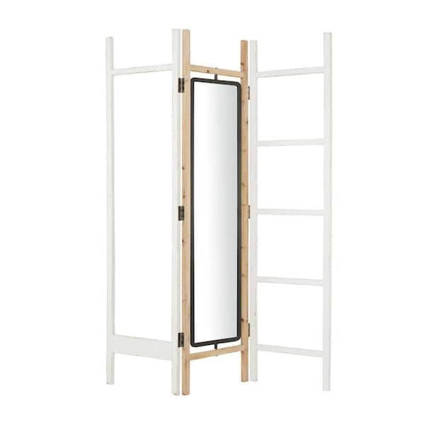 Novogratz 6 ft. White 3 Panel Hinged Foldable Partition Room Divider Screen with Mirror and Ladder Frame