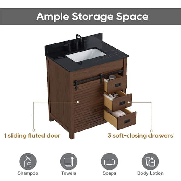 Harris 31 in. Single Sink Freestanding Brown Bath Vanity with Black Sintered Stone Top and Backsplash Assembled