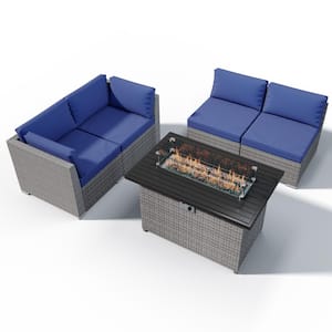 5-Piece Outdoor Wicker Patio Furniture Set with Fire Table, Dark Blue