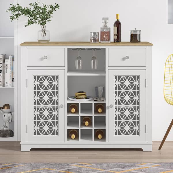 FESTIVO Symmetrical Elegance 47 in. Cool Gray Wine Cabinet With Glass Doors Feature a Silk-Screened Pattern Design