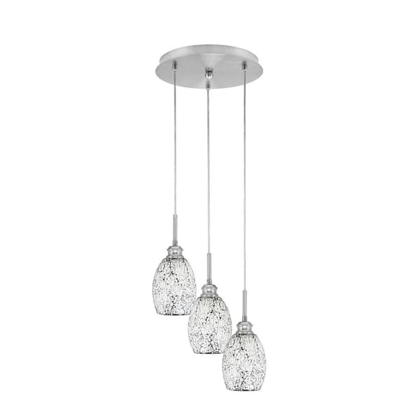 Unbranded Savannah 11.25 in. 3-Light Brushed Nickel Cord Pendant Light Black Fusion Glass Shade