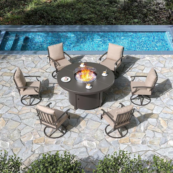 7-Piece Metal Patio Conversation Set with Round Fire Pit Table, 6 Swivel Chairs and Cushion Khaki