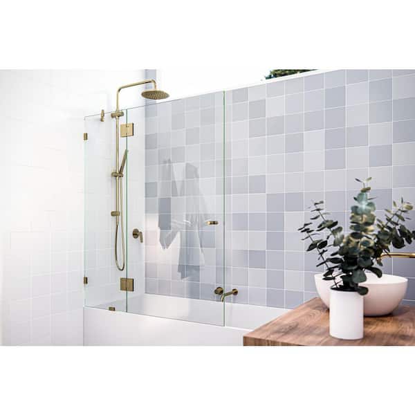 Glass Warehouse 51 in. x 58 in. Frameless Glass Hinged Bathtub Door in Polished Brass