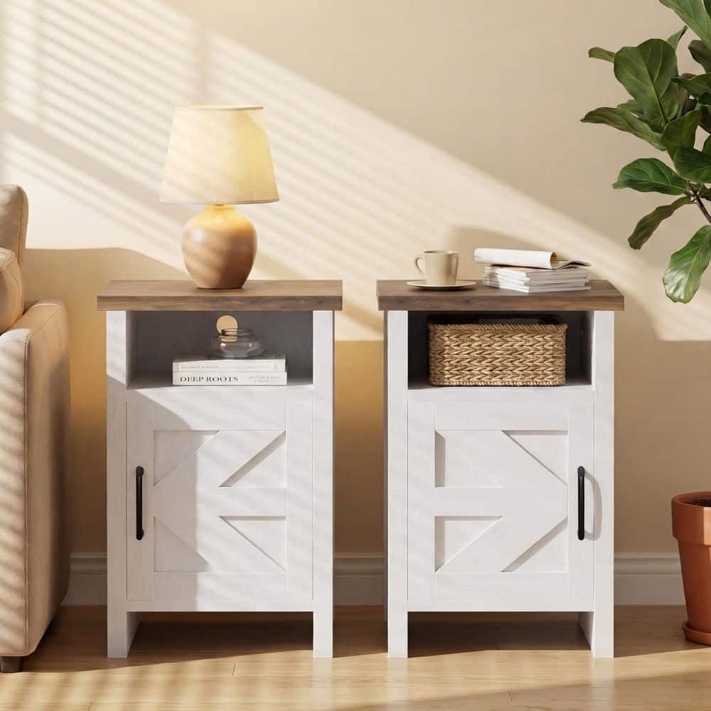 Farmhouse Modern Nightstand with Shelf and Barn Door, for Bedroom, Oak