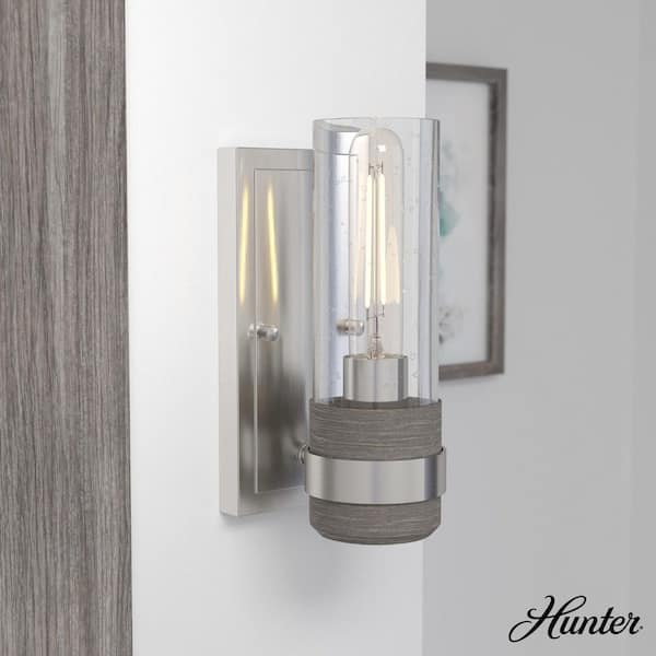 Hunter River Mill 1-Light Brushed Nickel Wall Sconce with Clear Seeded Glass Shade