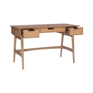 Merryn 50.94 in. Rectangle Natural Wood and Rattan 3-Drawer MidCentury Laptop Desk