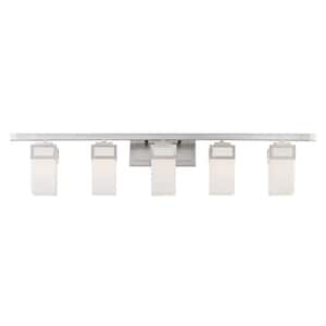 Delchester 42.5 in. 5-Light Brushed Nickel Vanity Light with Satin Opal White Square Glass