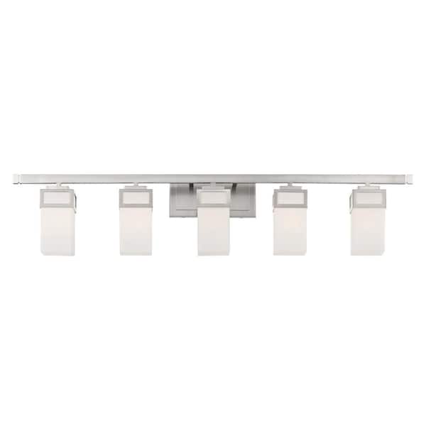 AVIANCE LIGHTING Delchester 42.5 in. 5-Light Brushed Nickel Vanity Light with Satin Opal White Square Glass