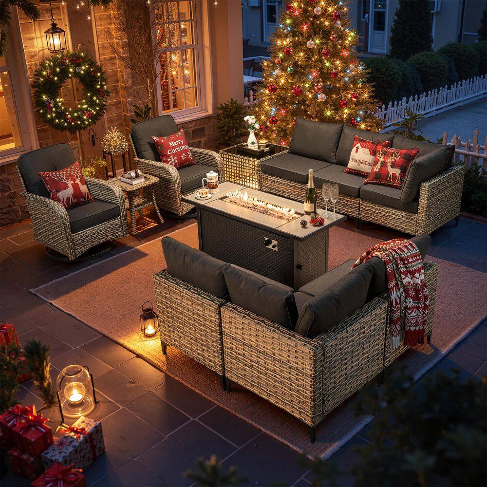 Vinceny Gray 11-Piece Wicker 54 in. Rectangle Fire Pit Patio Conversation Set with Black Cushions and Swivel Chairs price history on PriceWatchPro