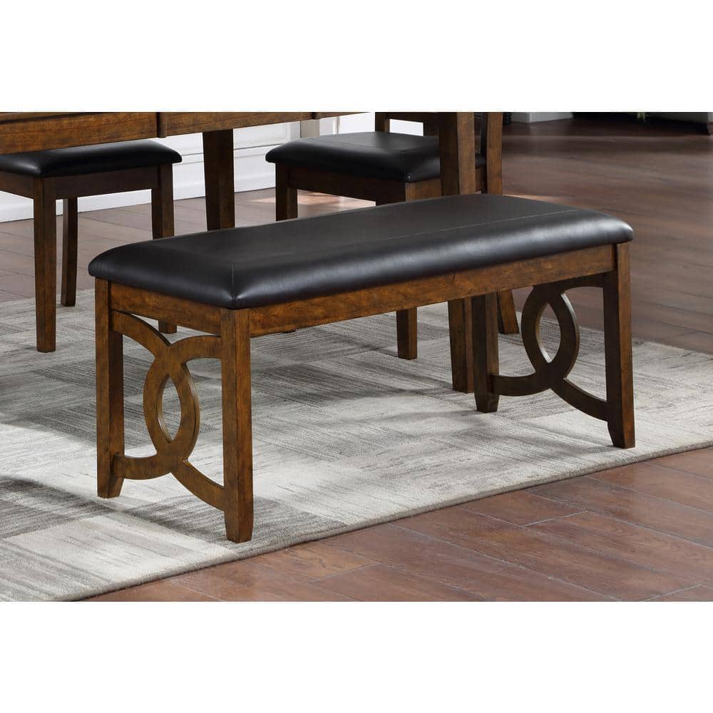 Gia 46" Brown Solid Wood and Faux Leather Bench