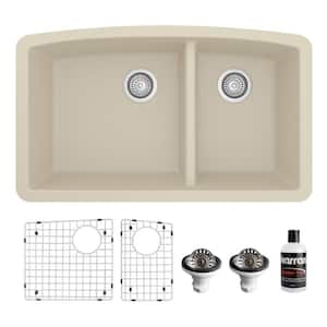 QU-711 Quartz/Granite 32 in. Double Bowl 60/40 Undermount Kitchen Sink in Bisque with Bottom Grid and Strainer