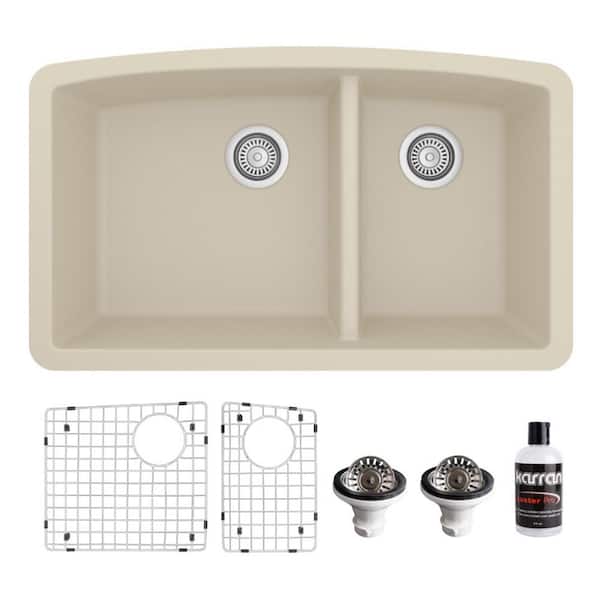 Karran QU-711 Quartz/Granite 32 in. Double Bowl 60/40 Undermount Kitchen Sink in Bisque with Bottom Grid and Strainer