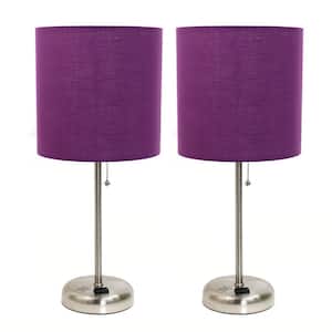 19.5 in. Brushed Steel and Purple Stick Lamp with Charging Outlet and Fabric Shade (2-Pack Set)