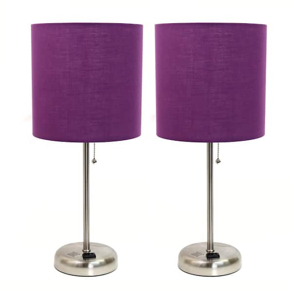 Simple Designs 19.5 in. Brushed Steel and Purple Stick Lamp with Charging Outlet and Fabric Shade (2-Pack Set)