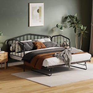 Black Twin Size Metal Daybed with Twin Size Adjustable Portable Folding Trundle