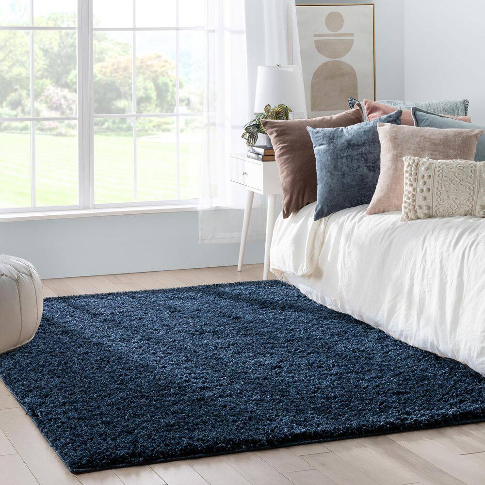 Dark Blue Reversible Solid Shag Synthetic Area Rug