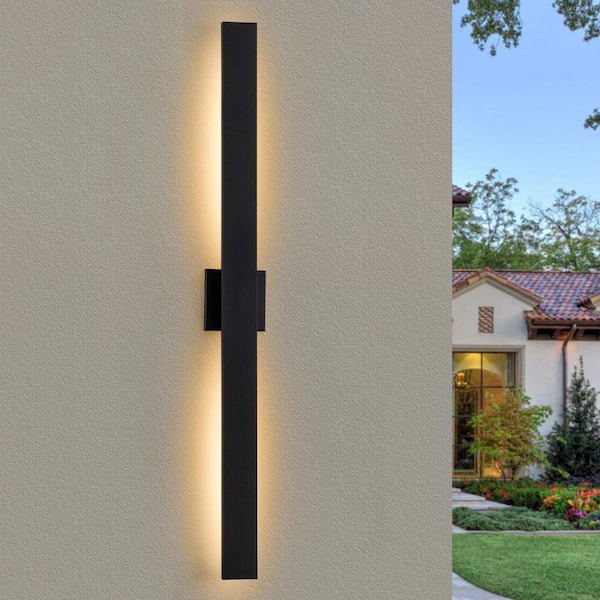 48in. Black Aluminum Dimmable LED Outdoor Hardwired Wall Lantern Sconce with Frosted Glass