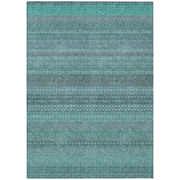 Turquoise 9 ft. x 12 ft. Woven Striped Polyester Rectangle Indoor/Outdoor Area Rug