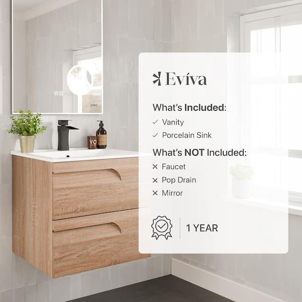 Eviva Joyous 24 in. W x 18 in. D x 22.5 in. H Floating Bath Vanity in Rosewood with White Porcelain Top
