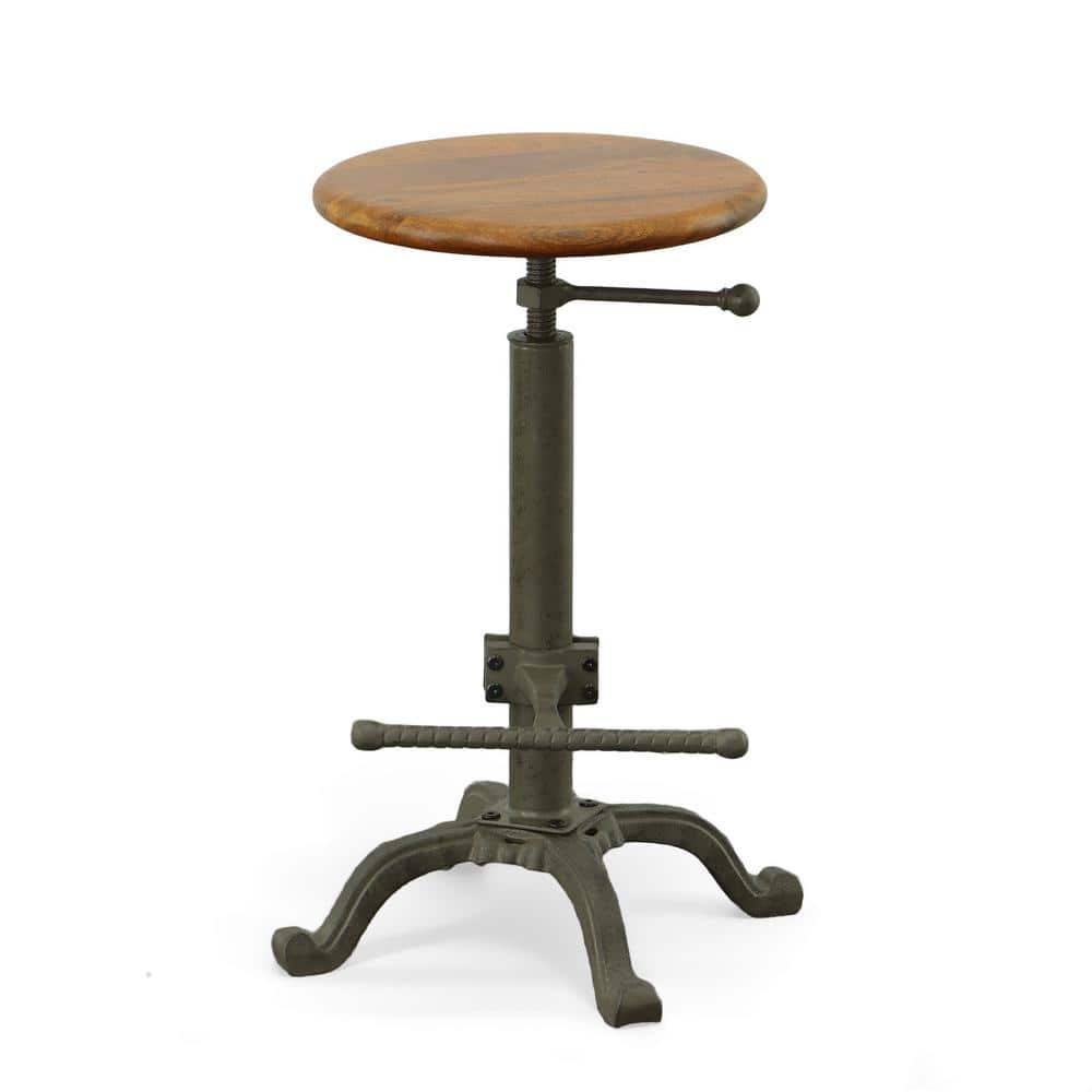 Waylon Adjustable Brown Mango Wood and Metal Swivel Stool
