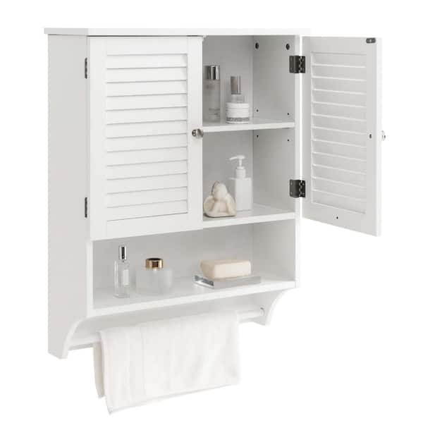 Wall-Mounted Bathroom Organizer - Medicine Cabinet or Over-the-Toilet  Storage with Stylish Shutter Doors and Towel Bar by Lavish Home (White)