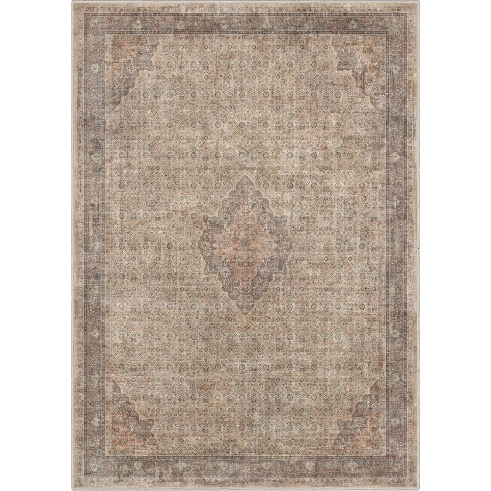 Beige Brown 5' x 7' Chenille Oriental Washable Rug