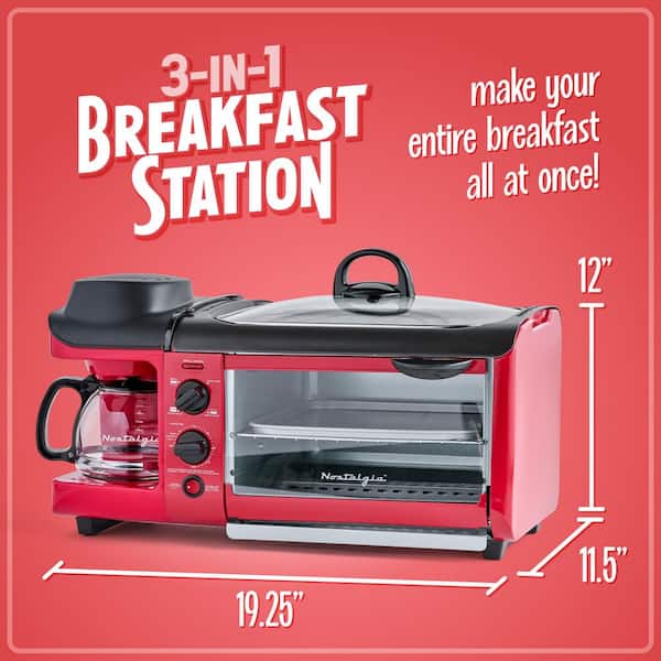 1500 W 4-Slice Red Toaster Oven Breakfast Station