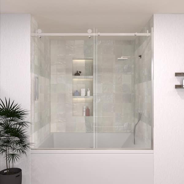 Hermitage Bath Oceanique 60 in. W x 60 in. H Sliding Semi-Frameless Tub Door in Silver Finish with Clear Glass