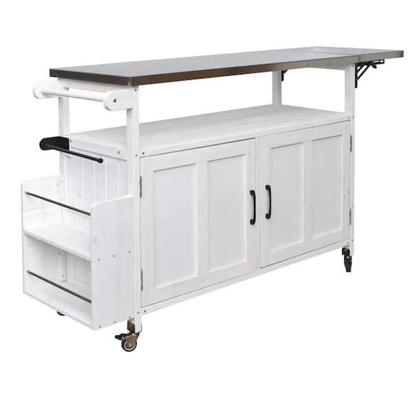60.60 in. White Outdoor Kitchen Island Solid Wood Grill Cart Table