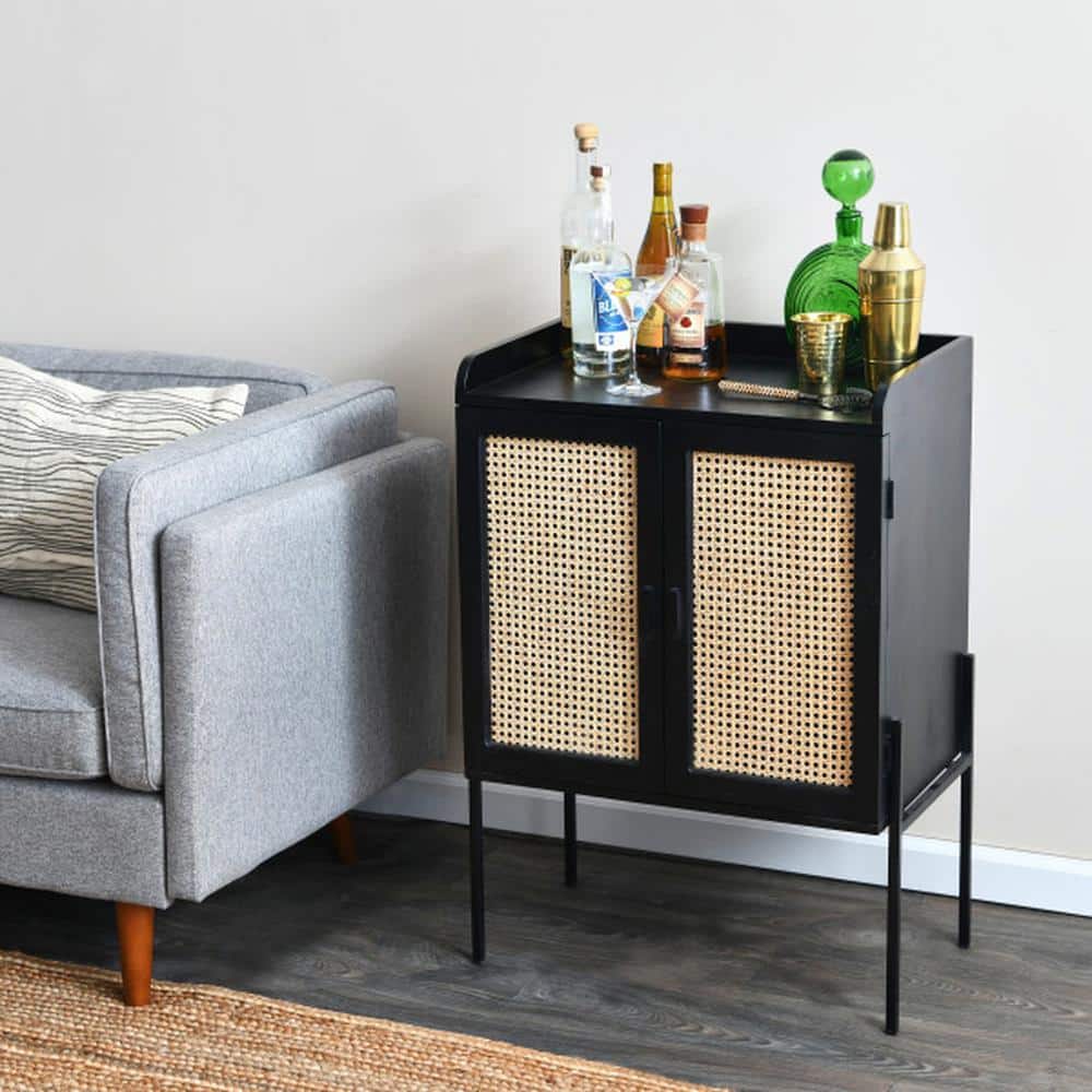 Black and Natural Solid Wood Bar Cabinet with Woven Cane Doors