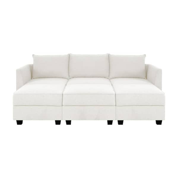 HOMESTOCK Modern 3-Seater Upholstered Sectional Sofa with 3 Ottoman - White Down Linen