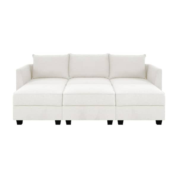 87.01 in Modern 3-Seater Upholstered Sectional Sofa with 3-Ottoman - White Down Linen for Living Room/Office