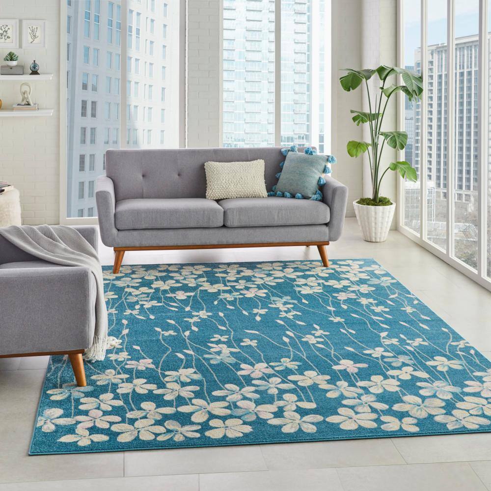 Handmade Turquoise Floral Viscose Rectangular 8' x 10' Rug