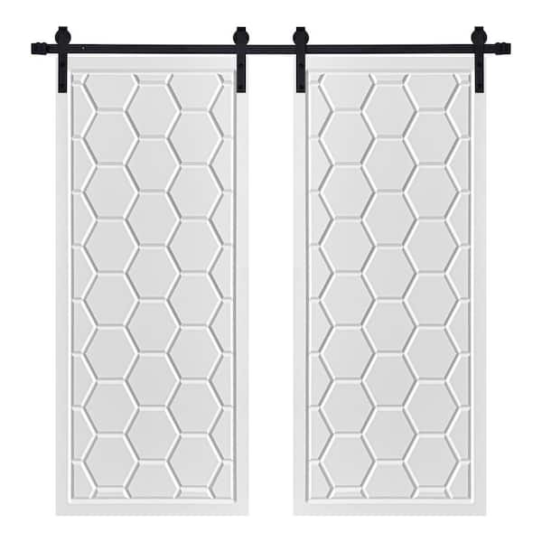 AIOPOP HOME Modern Framed Honeycomb Designed 72 in. x 84 in. MDF Panel White Painted Double Sliding Barn Door with Hardware Kit