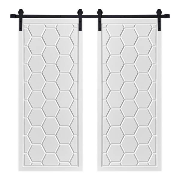 AIOPOP HOME Modern Framed Honeycomb Designed 80 in. x 72 in. MDF Panel White Painted Double Sliding Barn Door with Hardware Kit