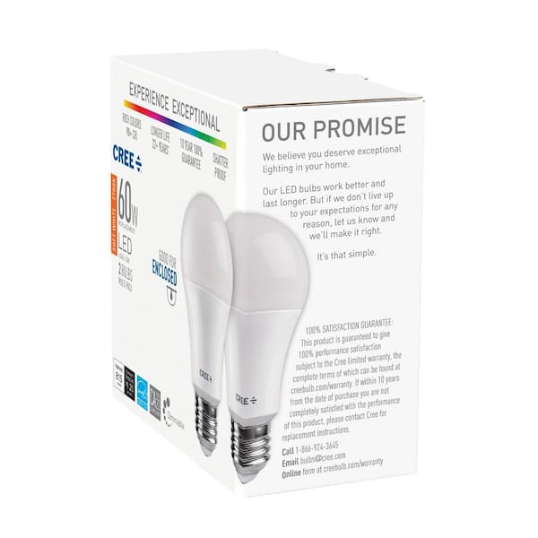 Cree 60W Equivalent White (2700K) A19 Dimmable Exceptional Light Quality Light Bulb (2-Pack)-TA19-08027MDFH25-12DE26-1-12 - The Home Depot